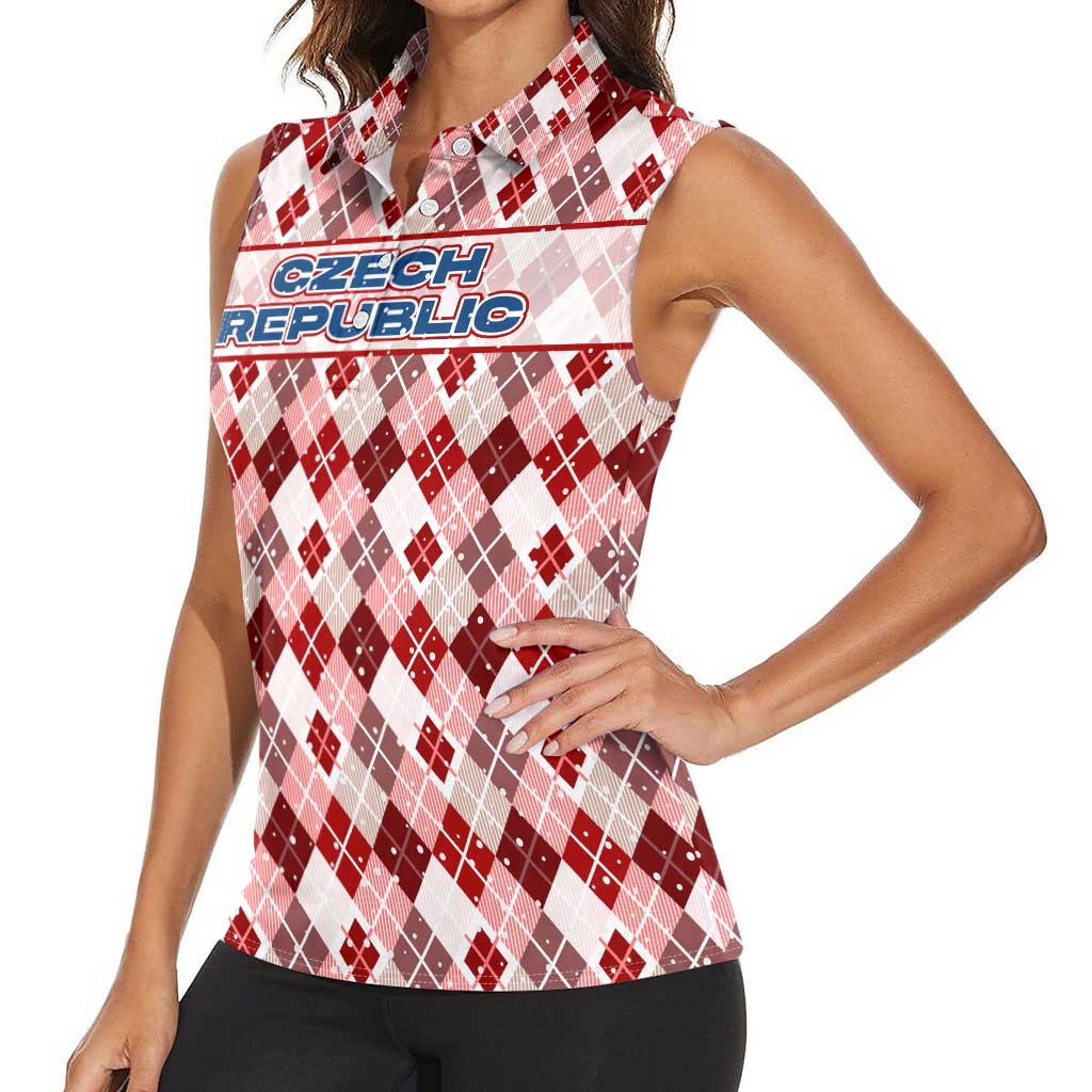 Czech Republic Christmas Women Sleeveless Polo Shirt with Red-White Checkered Design, Double-Tailed Lion, and Festive Motif - Wonder Print Shop