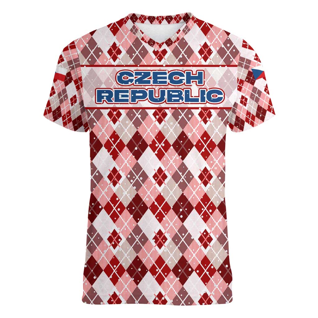 Czech Republic Christmas Women V-Neck T-Shirt with Red-White Checkered Design, Double-Tailed Lion, and Festive Motif - Wonder Print Shop