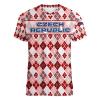 Czech Republic Christmas Women V-Neck T-Shirt with Red-White Checkered Design, Double-Tailed Lion, and Festive Motif - Wonder Print Shop