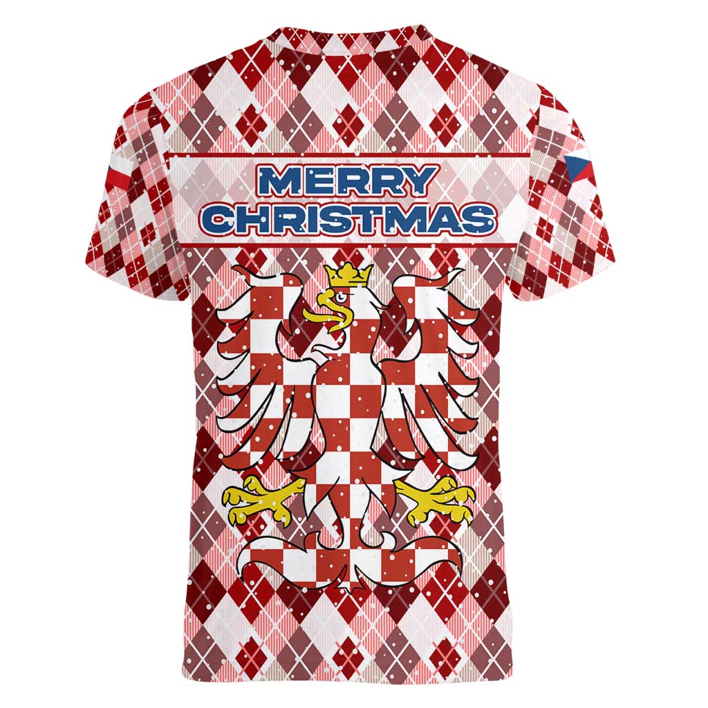 Czech Republic Christmas Women V-Neck T-Shirt with Red-White Checkered Design, Double-Tailed Lion, and Festive Motif - Wonder Print Shop