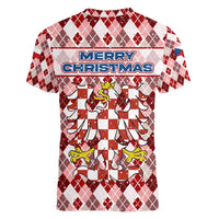 Czech Republic Christmas Women V-Neck T-Shirt with Red-White Checkered Design, Double-Tailed Lion, and Festive Motif - Wonder Print Shop