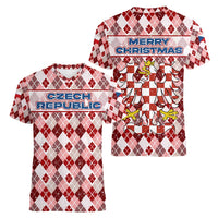 Czech Republic Christmas Women V-Neck T-Shirt with Red-White Checkered Design, Double-Tailed Lion, and Festive Motif - Wonder Print Shop