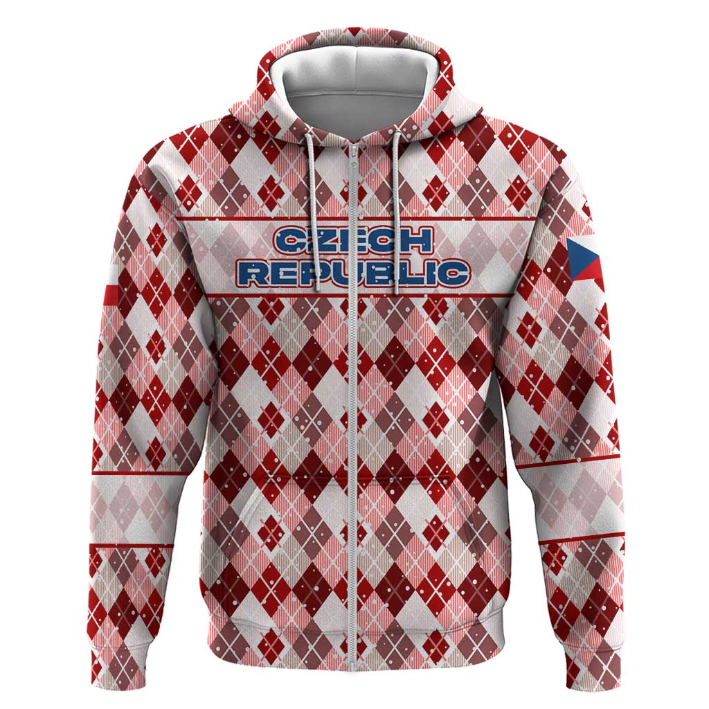 Czech Republic Christmas Zip Hoodie with Red-White Checkered Design, Double-Tailed Lion, and Festive Motif - Wonder Print Shop