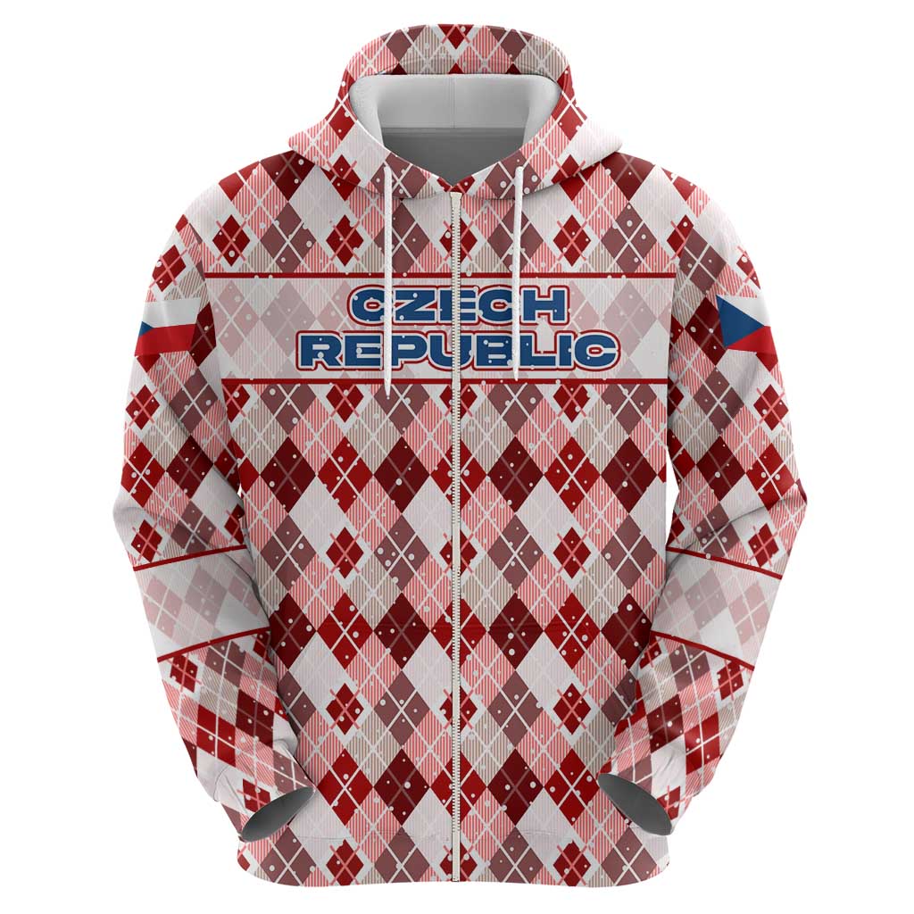 Czech Republic Christmas Zip Hoodie with Red-White Checkered Design, Double-Tailed Lion, and Festive Motif - Wonder Print Shop