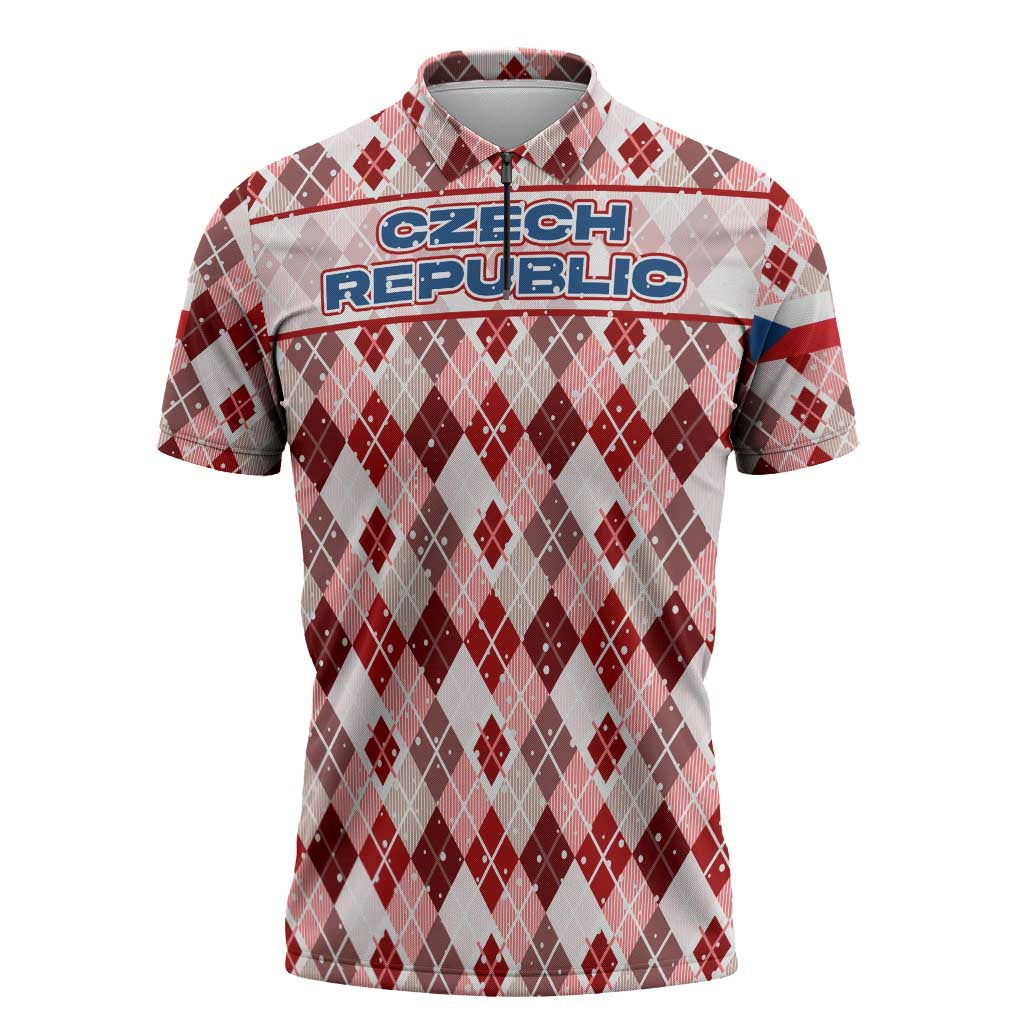 Czech Republic Christmas Zipper Polo Shirt with Red-White Checkered Design, Double-Tailed Lion, and Festive Motif - Wonder Print Shop
