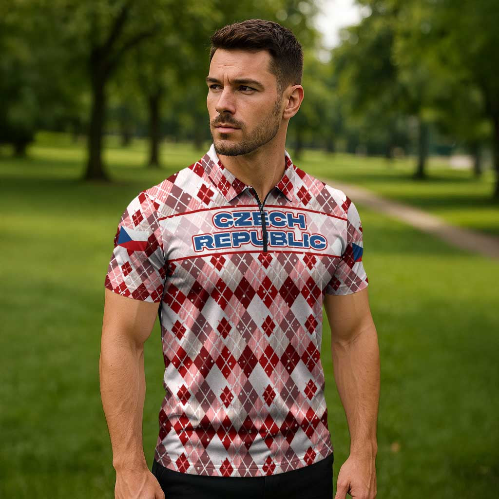 Czech Republic Christmas Zipper Polo Shirt with Red-White Checkered Design, Double-Tailed Lion, and Festive Motif - Wonder Print Shop