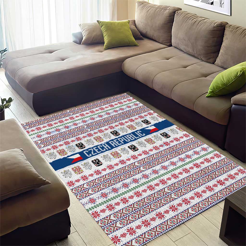 Czech Republic Christmas Area Rug with Folk Embroidery Design, National Coat of Arms, and Festive Motif - Wonder Print Shop