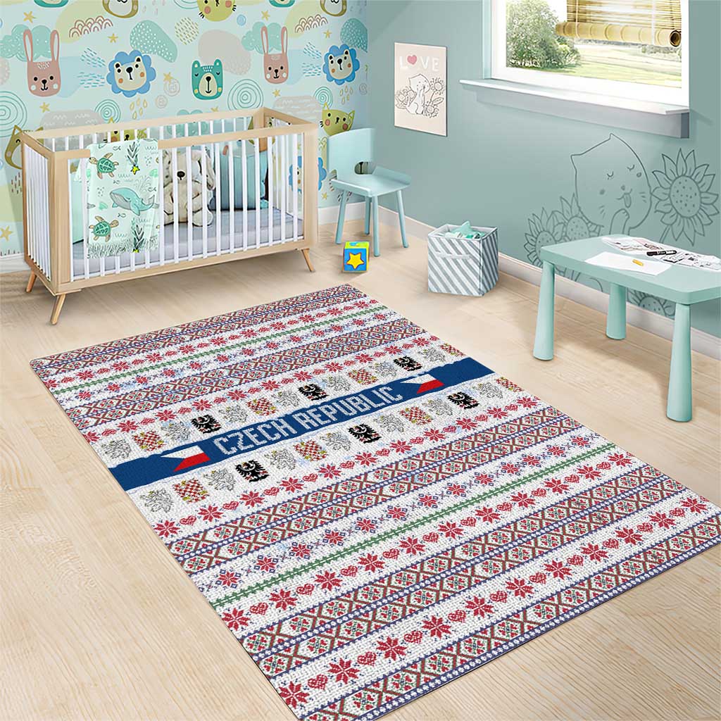 Czech Republic Christmas Area Rug with Folk Embroidery Design, National Coat of Arms, and Festive Motif - Wonder Print Shop