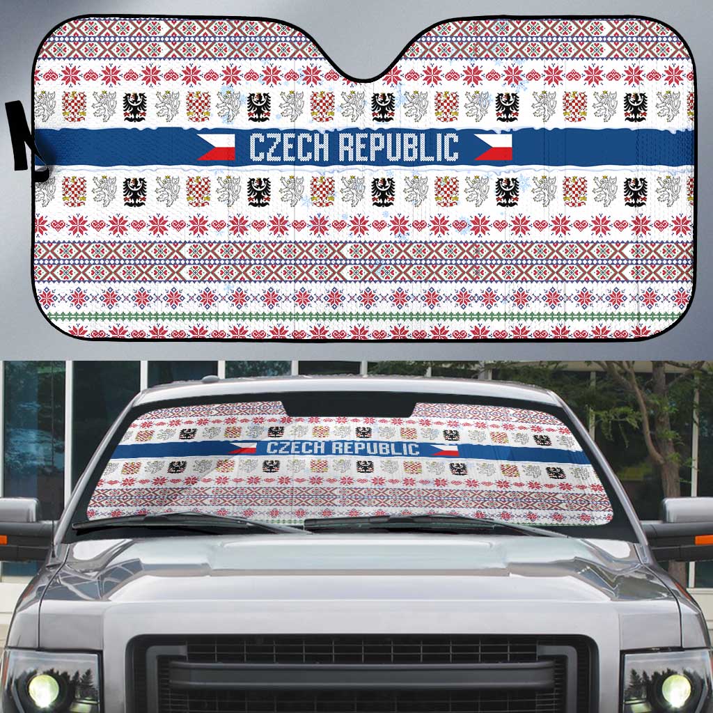 Czech Republic Christmas Auto Sun Shade with Folk Embroidery Design, National Coat of Arms, and Festive Motif - Wonder Print Shop