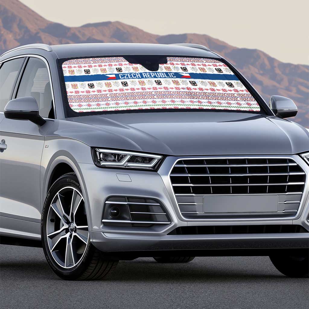 Czech Republic Christmas Auto Sun Shade with Folk Embroidery Design, National Coat of Arms, and Festive Motif - Wonder Print Shop