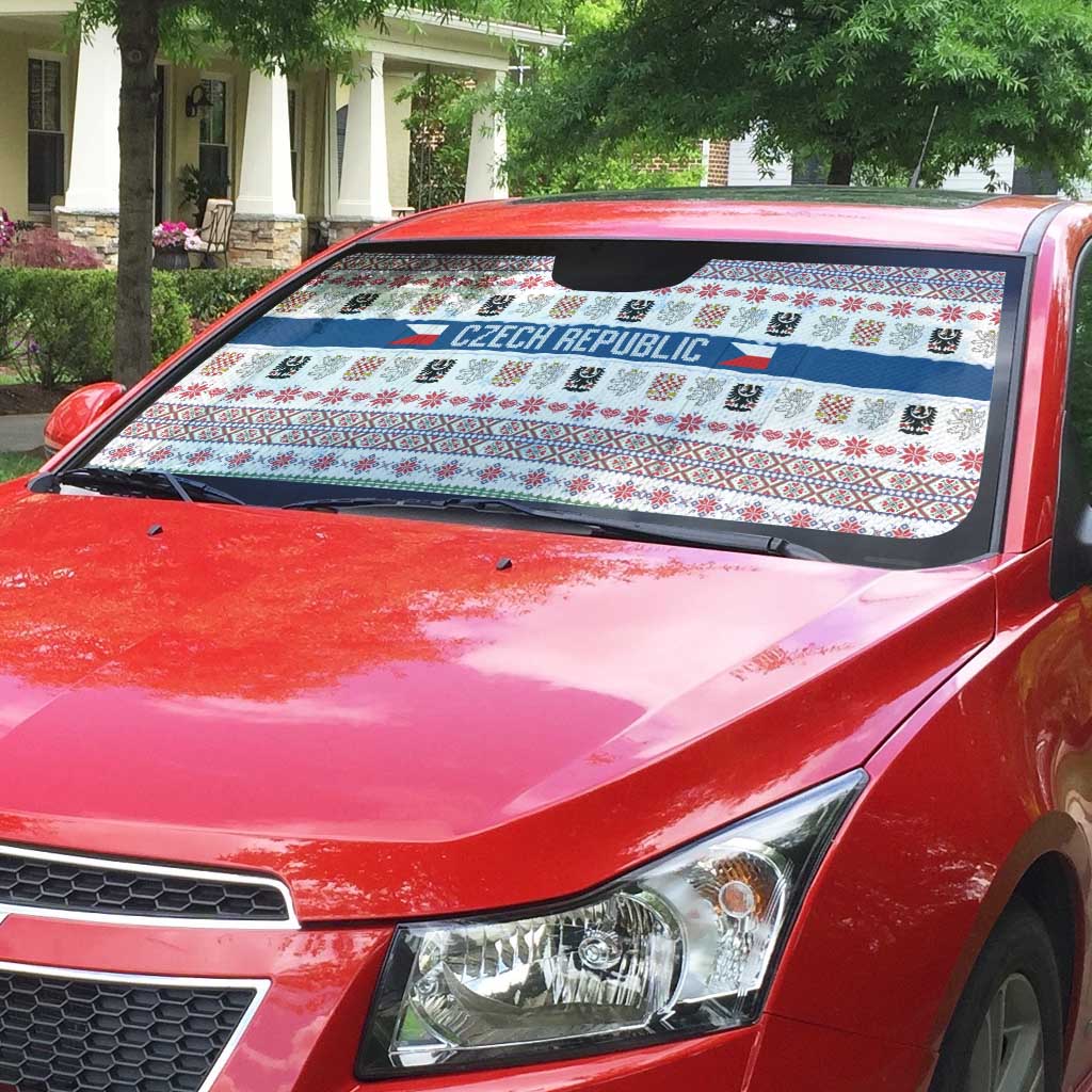 Czech Republic Christmas Auto Sun Shade with Folk Embroidery Design, National Coat of Arms, and Festive Motif - Wonder Print Shop
