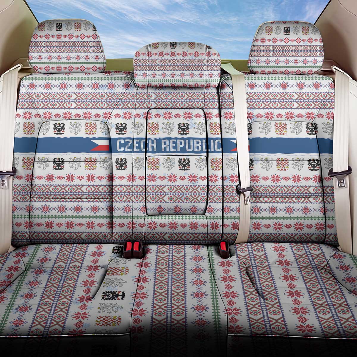 Czech Republic Christmas Back Car Seat Cover with Folk Embroidery Design, National Coat of Arms, and Festive Motif - Wonder Print Shop