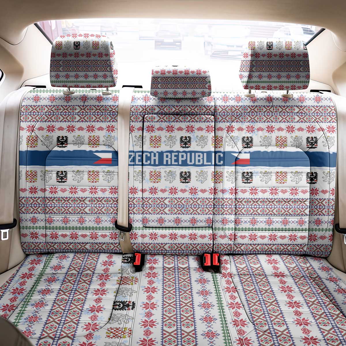 Czech Republic Christmas Back Car Seat Cover with Folk Embroidery Design, National Coat of Arms, and Festive Motif - Wonder Print Shop