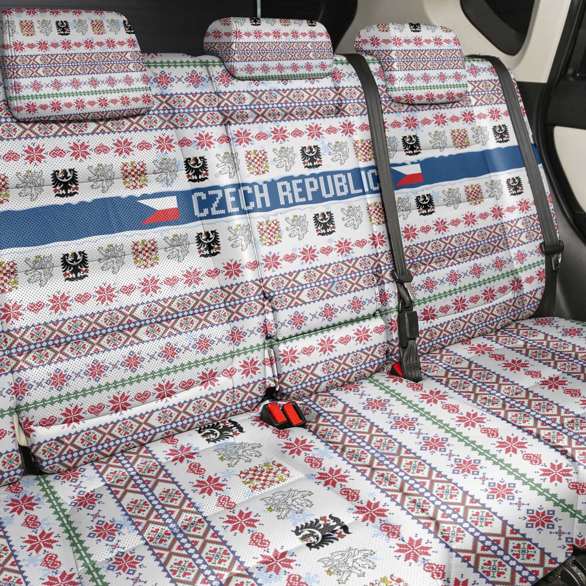 Czech Republic Christmas Back Car Seat Cover with Folk Embroidery Design, National Coat of Arms, and Festive Motif - Wonder Print Shop