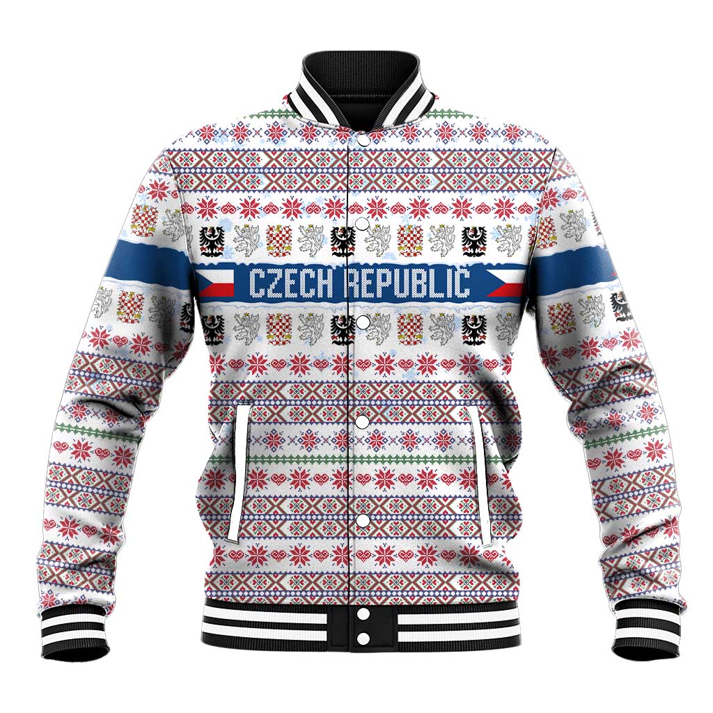 Czech Republic Christmas Baseball Jacket with Folk Embroidery Design, National Coat of Arms, and Festive Motif - Wonder Print Shop