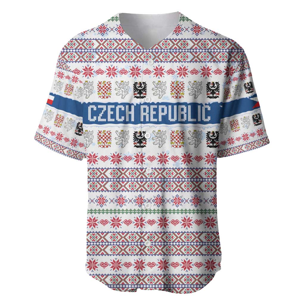 Czech Republic Christmas Baseball Jersey with Folk Embroidery Design, National Coat of Arms, and Festive Motif - Wonder Print Shop