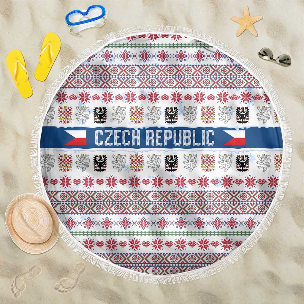 Czech Republic Christmas Beach Blanket with Folk Embroidery Design, National Coat of Arms, and Festive Motif - Wonder Print Shop