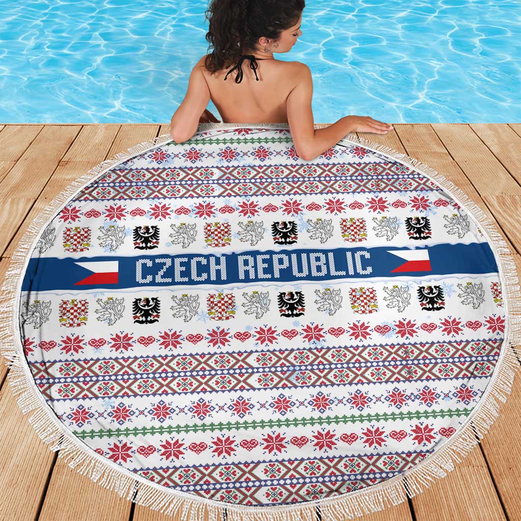 Czech Republic Christmas Beach Blanket with Folk Embroidery Design, National Coat of Arms, and Festive Motif - Wonder Print Shop