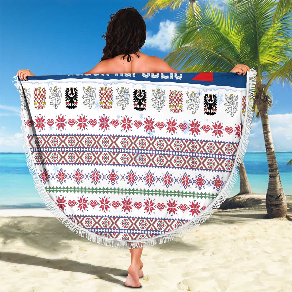Czech Republic Christmas Beach Blanket with Folk Embroidery Design, National Coat of Arms, and Festive Motif - Wonder Print Shop
