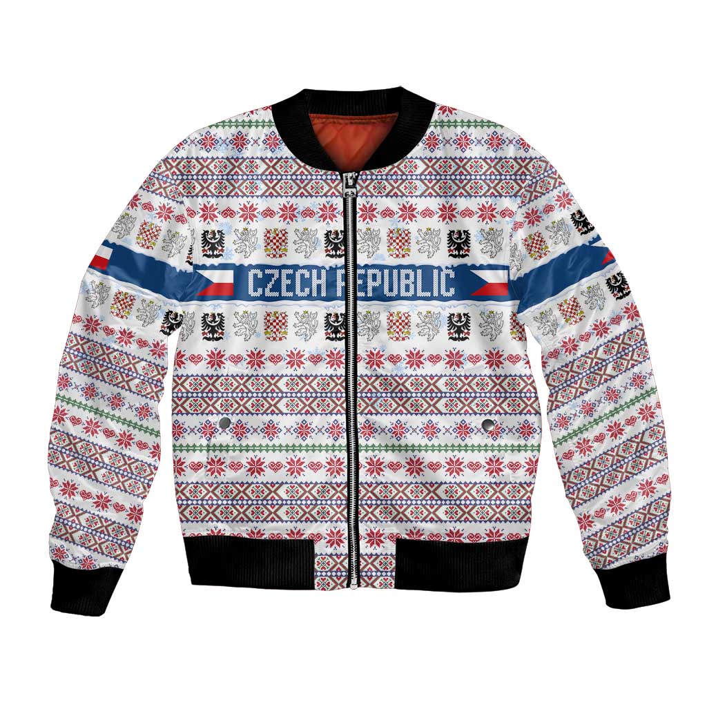 Czech Republic Christmas Bomber Jacket with Folk Embroidery Design, National Coat of Arms, and Festive Motif - Wonder Print Shop