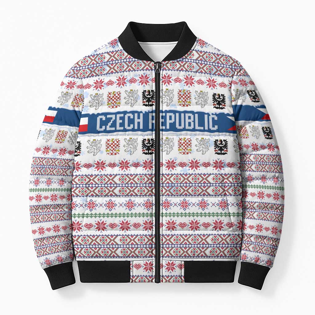Czech Republic Christmas Bomber Puffer Jacket with Folk Embroidery Design, National Coat of Arms, and Festive Motif - Wonder Print Shop