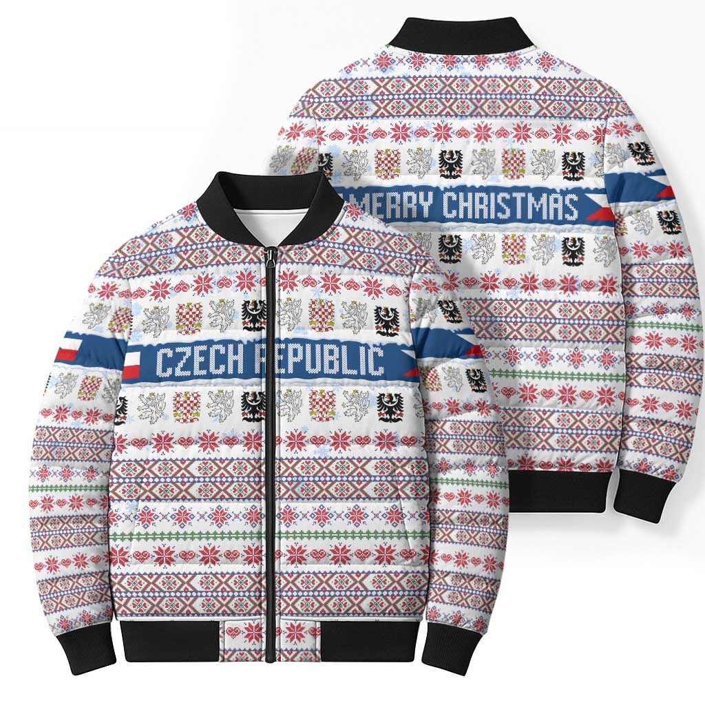 Czech Republic Christmas Bomber Puffer Jacket with Folk Embroidery Design, National Coat of Arms, and Festive Motif - Wonder Print Shop