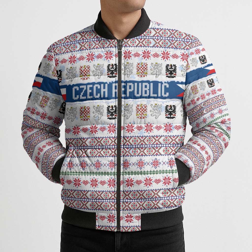 Czech Republic Christmas Bomber Puffer Jacket with Folk Embroidery Design, National Coat of Arms, and Festive Motif - Wonder Print Shop