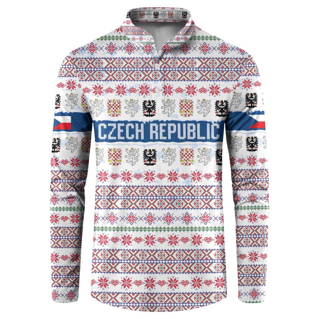 Czech Republic Christmas Button Sweatshirt with Folk Embroidery Design, National Coat of Arms, and Festive Motif - Wonder Print Shop