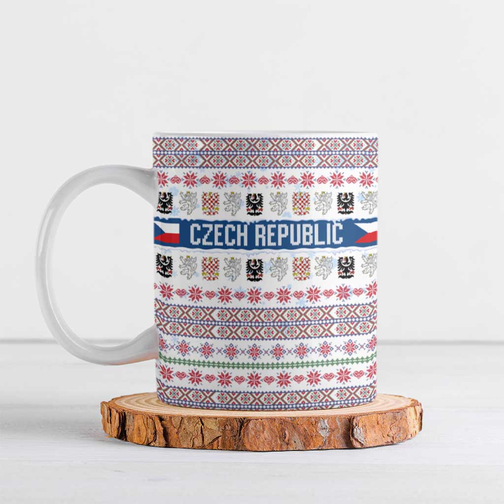 Czech Republic Christmas Ceramic Mug with Folk Embroidery Design, National Coat of Arms, and Festive Motif - Wonder Print Shop