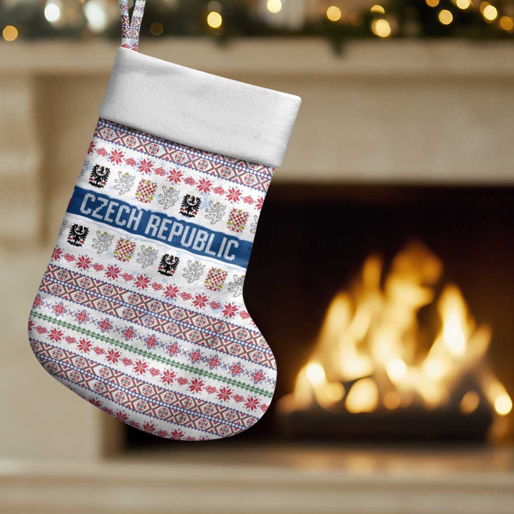 Czech Republic Christmas Stocking with Folk Embroidery Design, National Coat of Arms, and Festive Motif - Wonder Print Shop