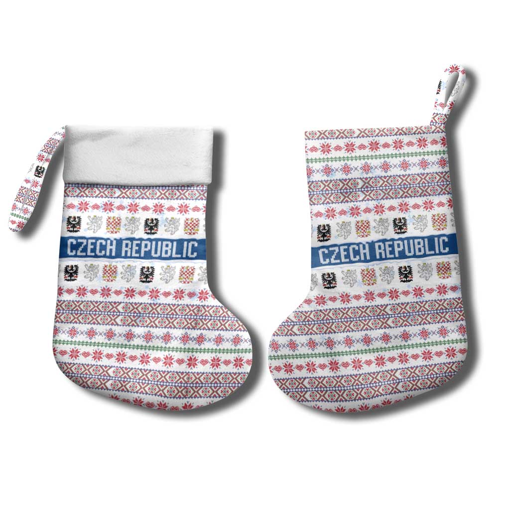 Czech Republic Christmas Stocking with Folk Embroidery Design, National Coat of Arms, and Festive Motif - Wonder Print Shop