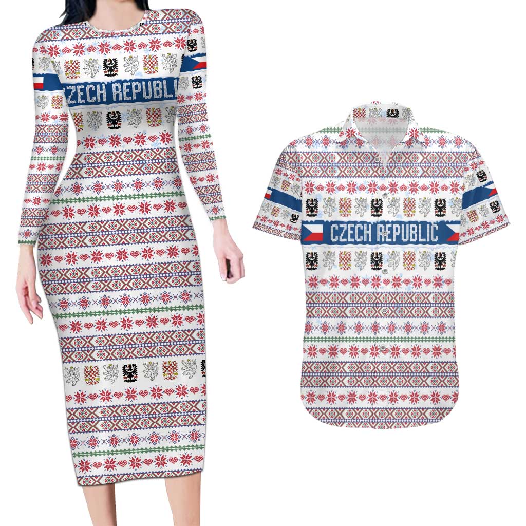 Czech Republic Christmas Couples Matching Long Sleeve Bodycon Dress and Hawaiian Shirt with Folk Embroidery Design, National Coat of Arms, and Festive Motif - Wonder Print Shop