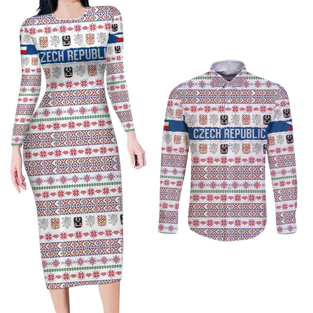 Czech Republic Christmas Couples Matching Long Sleeve Bodycon Dress and Long Sleeve Button Shirt with Folk Embroidery Design, National Coat of Arms, and Festive Motif - Wonder Print Shop