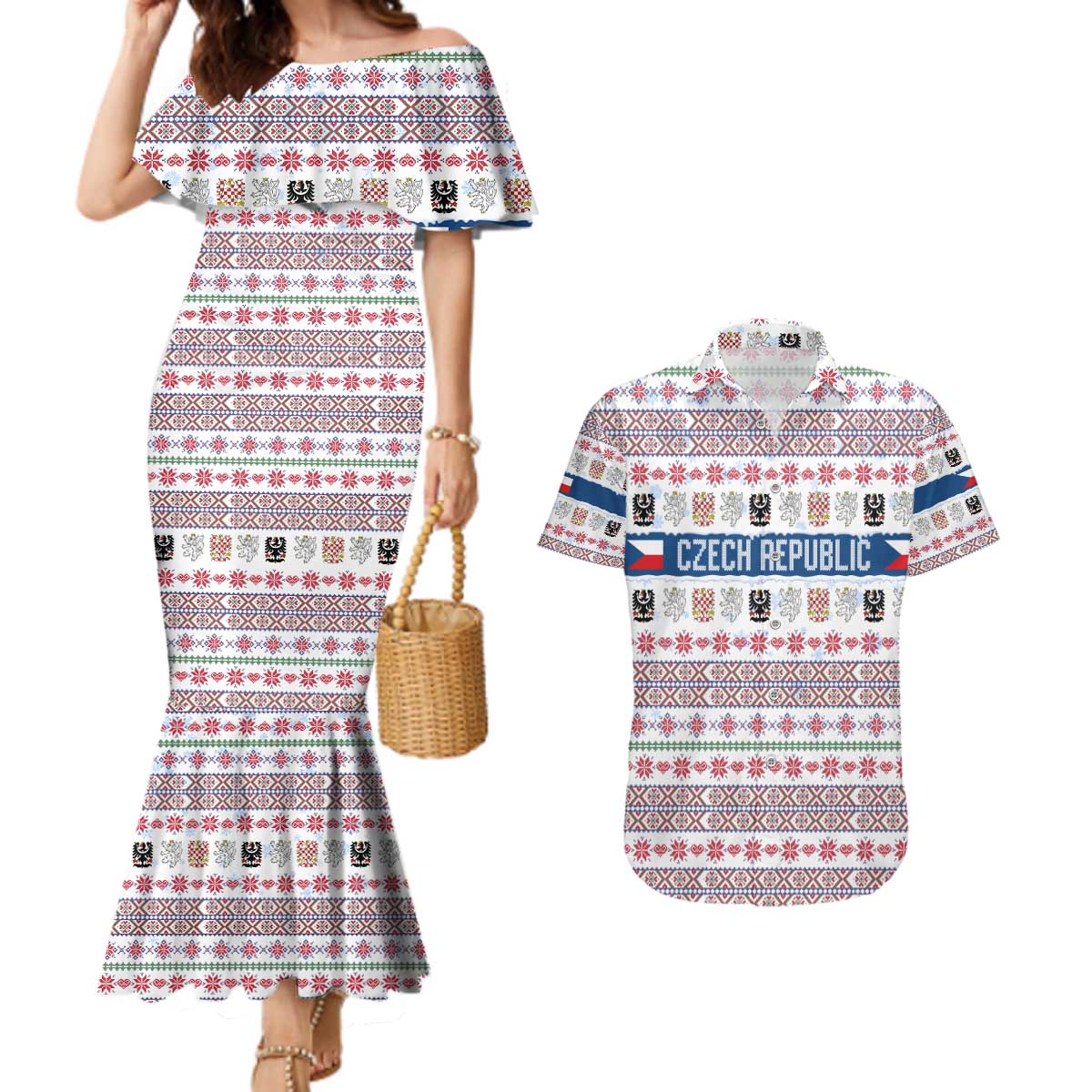 Czech Republic Christmas Couples Matching Mermaid Dress and Hawaiian Shirt with Folk Embroidery Design, National Coat of Arms, and Festive Motif - Wonder Print Shop