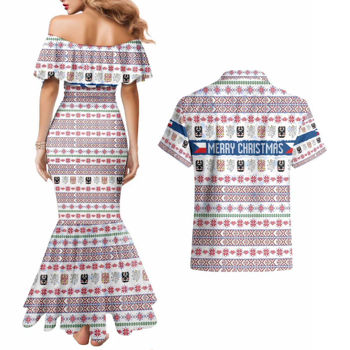 Czech Republic Christmas Couples Matching Mermaid Dress and Hawaiian Shirt with Folk Embroidery Design, National Coat of Arms, and Festive Motif - Wonder Print Shop