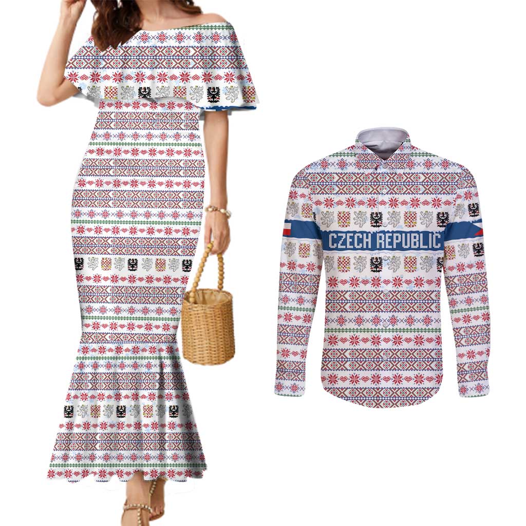 Czech Republic Christmas Couples Matching Mermaid Dress and Long Sleeve Button Shirt with Folk Embroidery Design, National Coat of Arms, and Festive Motif - Wonder Print Shop