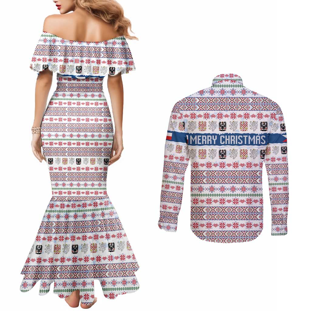 Czech Republic Christmas Couples Matching Mermaid Dress and Long Sleeve Button Shirt with Folk Embroidery Design, National Coat of Arms, and Festive Motif - Wonder Print Shop