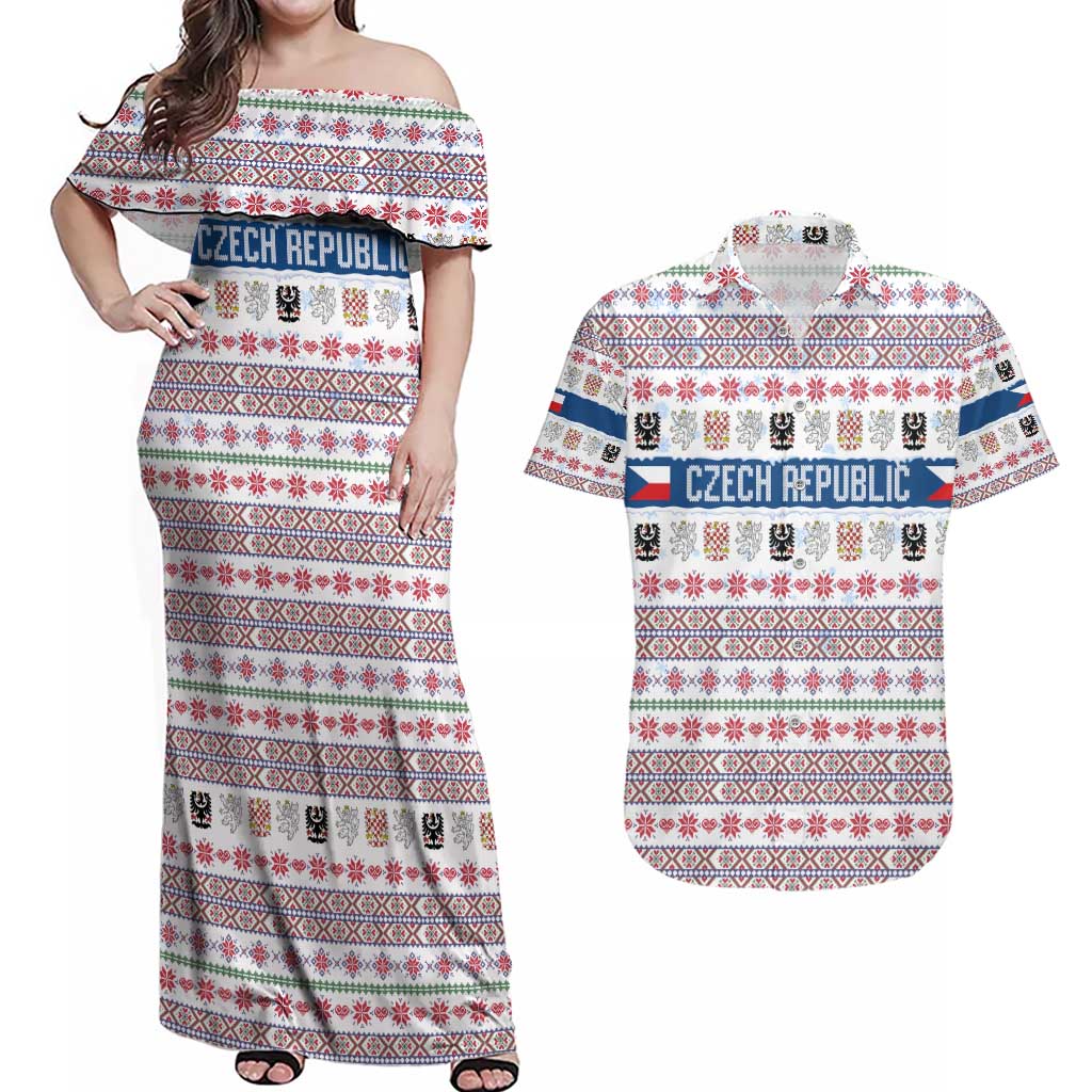Czech Republic Christmas Couples Matching Off Shoulder Maxi Dress and Hawaiian Shirt with Folk Embroidery Design, National Coat of Arms, and Festive Motif - Wonder Print Shop
