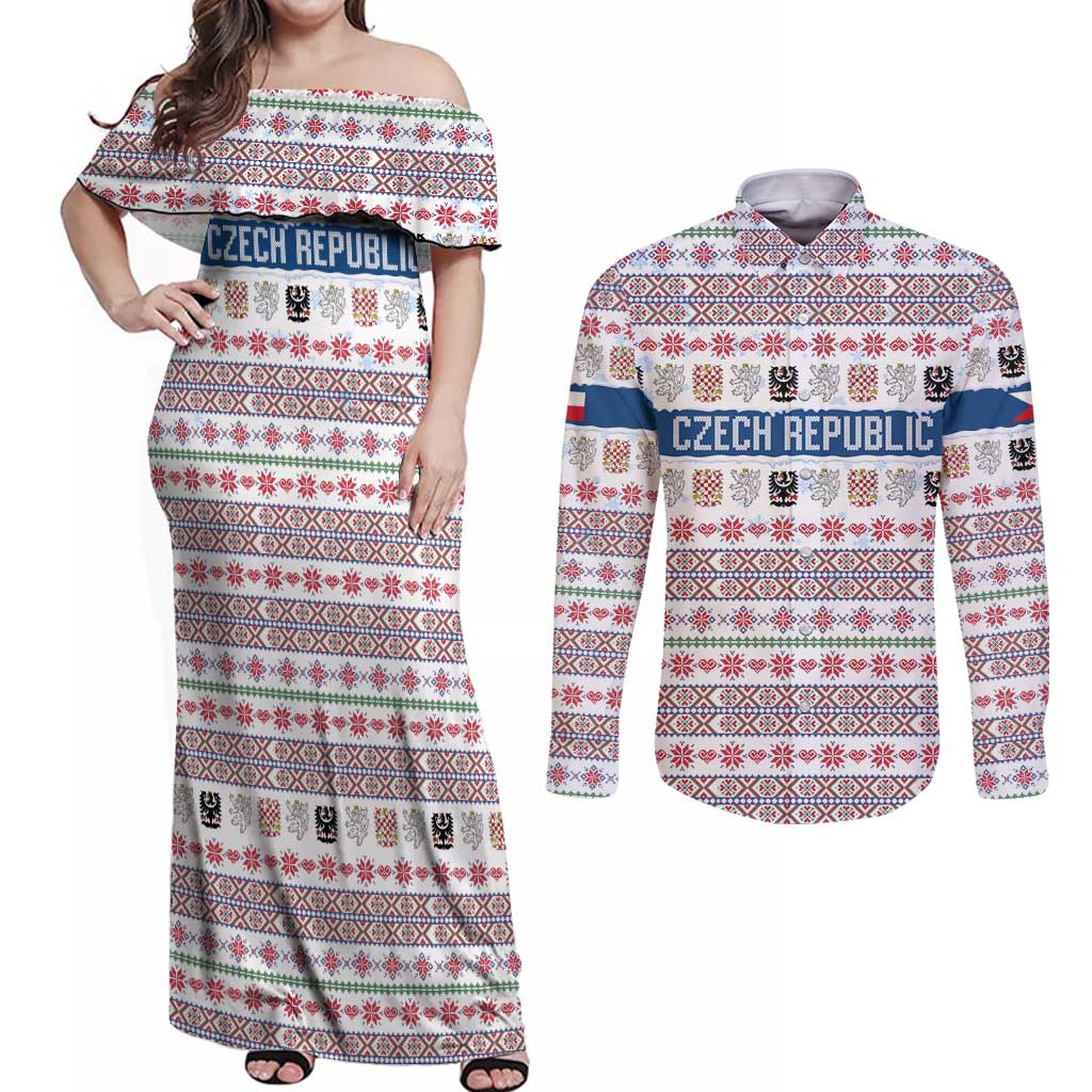 Czech Republic Christmas Couples Matching Off Shoulder Maxi Dress and Long Sleeve Button Shirt with Folk Embroidery Design, National Coat of Arms, and Festive Motif - Wonder Print Shop