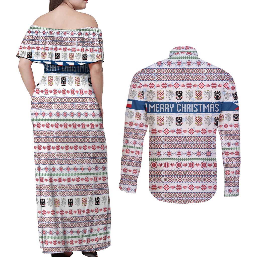 Czech Republic Christmas Couples Matching Off Shoulder Maxi Dress and Long Sleeve Button Shirt with Folk Embroidery Design, National Coat of Arms, and Festive Motif - Wonder Print Shop
