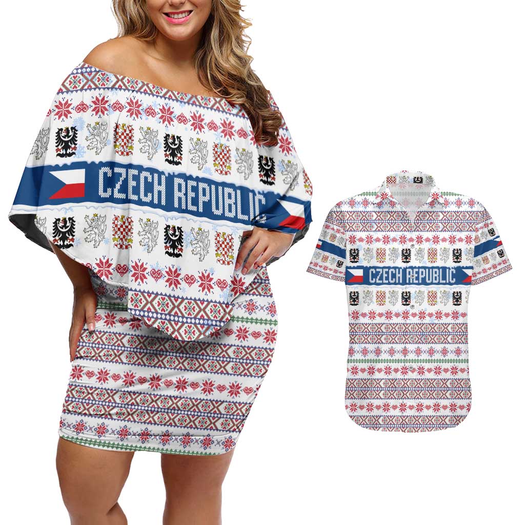 Czech Republic Christmas Couples Matching Off Shoulder Short Dress and Hawaiian Shirt with Folk Embroidery Design, National Coat of Arms, and Festive Motif - Wonder Print Shop