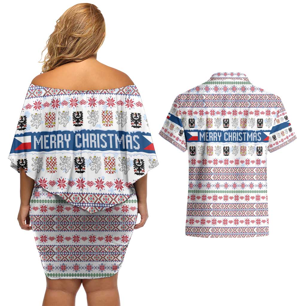 Czech Republic Christmas Couples Matching Off Shoulder Short Dress and Hawaiian Shirt with Folk Embroidery Design, National Coat of Arms, and Festive Motif - Wonder Print Shop
