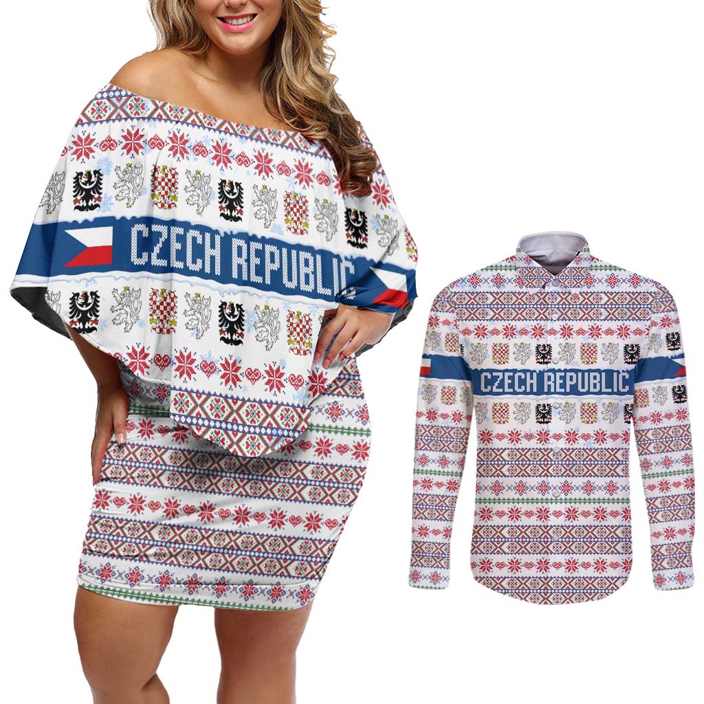 Czech Republic Christmas Couples Matching Off Shoulder Short Dress and Long Sleeve Button Shirt with Folk Embroidery Design, National Coat of Arms, and Festive Motif - Wonder Print Shop