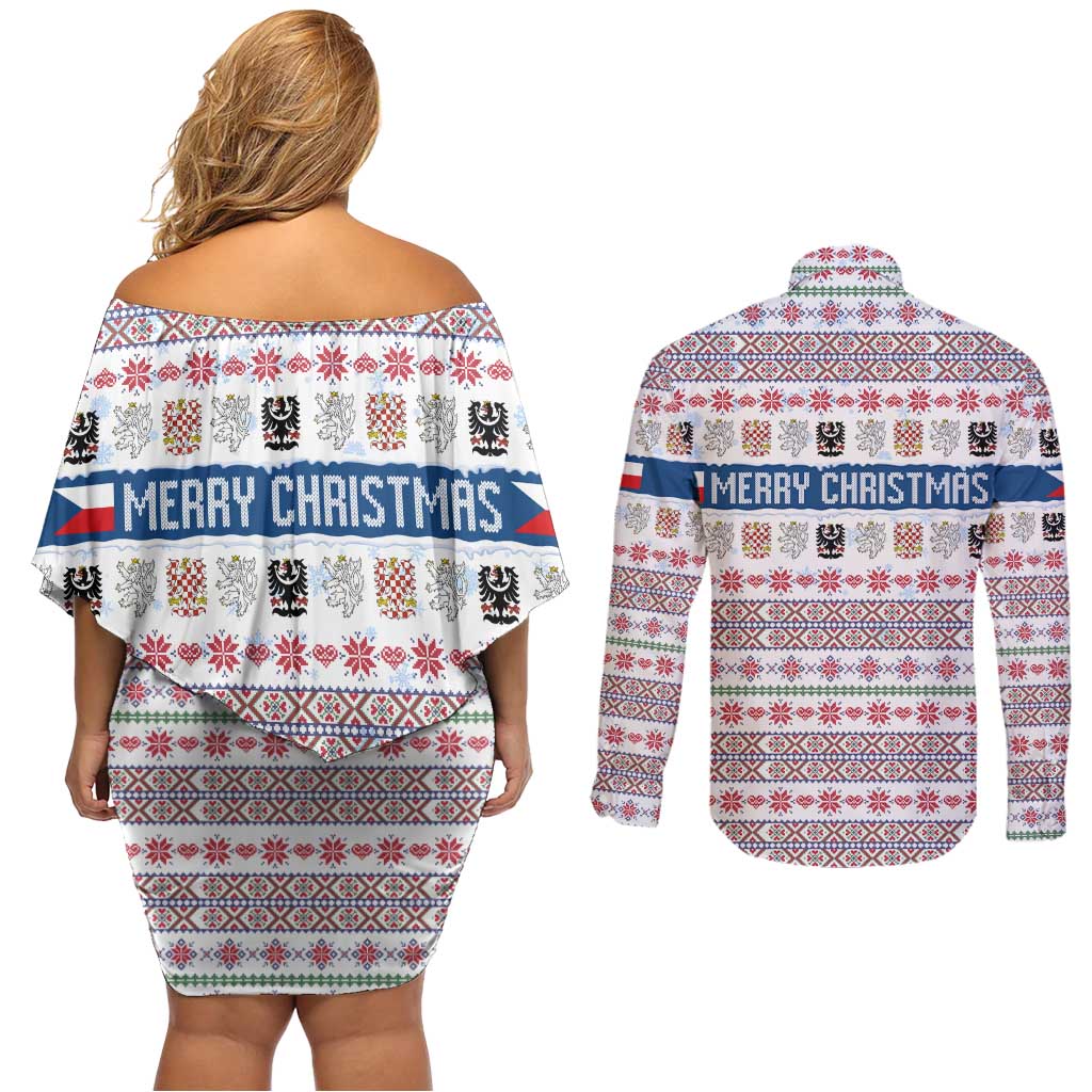 Czech Republic Christmas Couples Matching Off Shoulder Short Dress and Long Sleeve Button Shirt with Folk Embroidery Design, National Coat of Arms, and Festive Motif - Wonder Print Shop