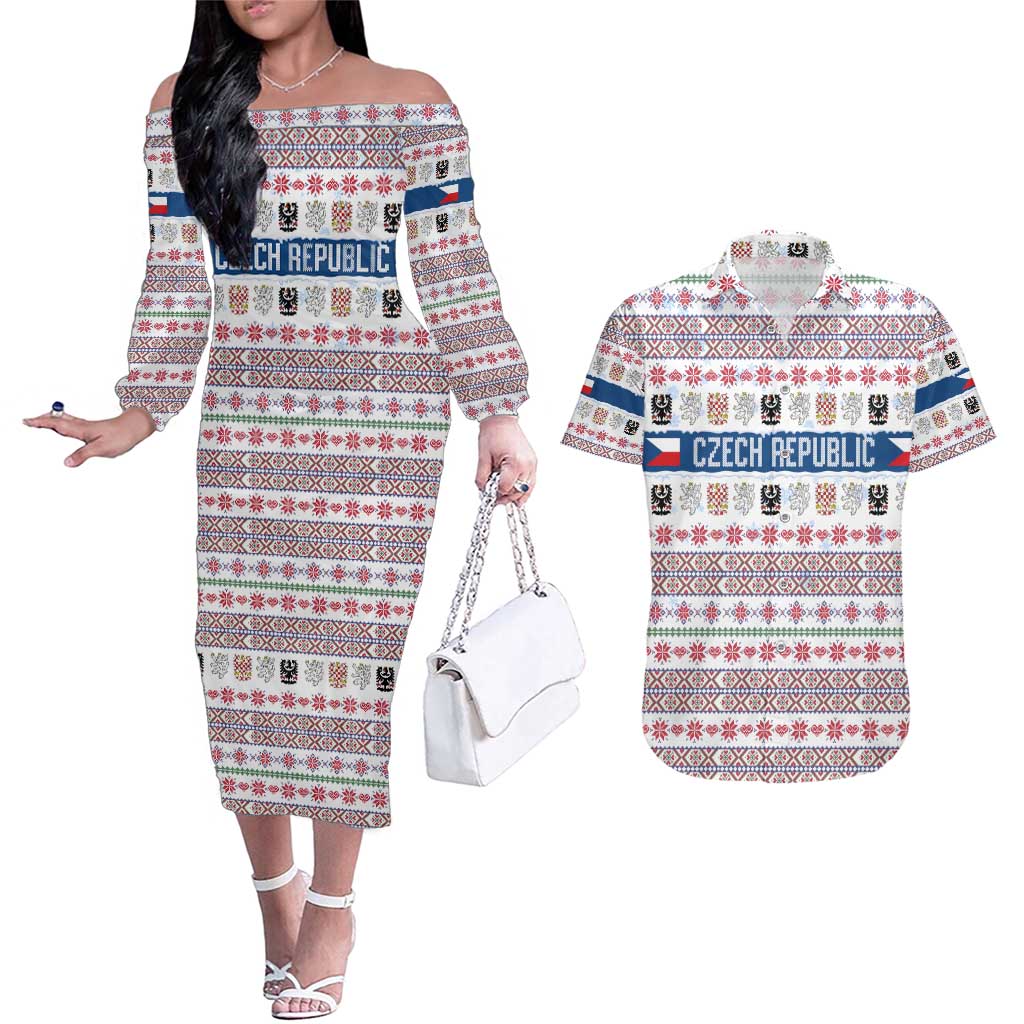 Czech Republic Christmas Couples Matching Off The Shoulder Long Sleeve Dress and Hawaiian Shirt with Folk Embroidery Design, National Coat of Arms, and Festive Motif - Wonder Print Shop