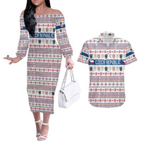 Czech Republic Christmas Couples Matching Off The Shoulder Long Sleeve Dress and Hawaiian Shirt with Folk Embroidery Design, National Coat of Arms, and Festive Motif - Wonder Print Shop