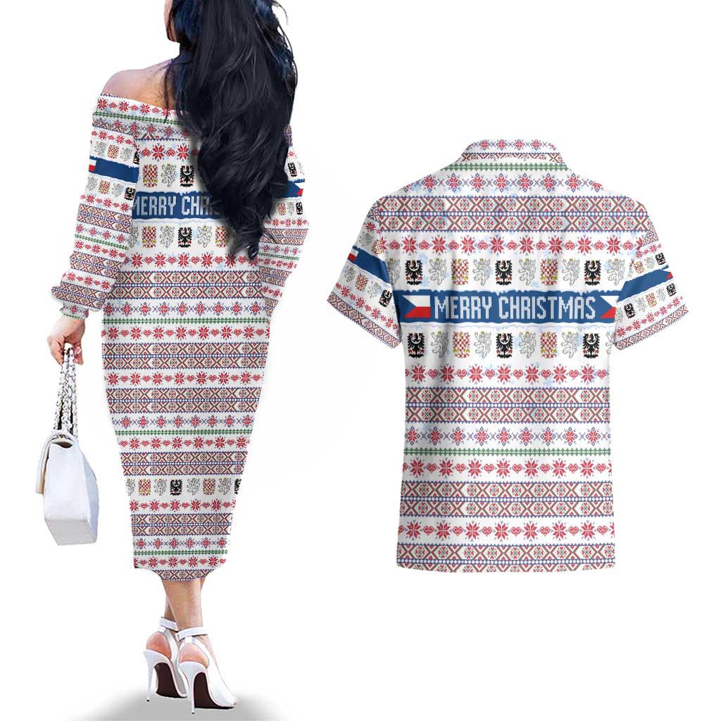 Czech Republic Christmas Couples Matching Off The Shoulder Long Sleeve Dress and Hawaiian Shirt with Folk Embroidery Design, National Coat of Arms, and Festive Motif - Wonder Print Shop