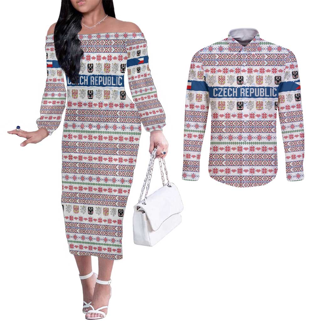 Czech Republic Christmas Couples Matching Off The Shoulder Long Sleeve Dress and Long Sleeve Button Shirt with Folk Embroidery Design, National Coat of Arms, and Festive Motif - Wonder Print Shop