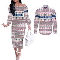 Czech Republic Christmas Couples Matching Off The Shoulder Long Sleeve Dress and Long Sleeve Button Shirt with Folk Embroidery Design, National Coat of Arms, and Festive Motif - Wonder Print Shop