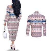 Czech Republic Christmas Couples Matching Off The Shoulder Long Sleeve Dress and Long Sleeve Button Shirt with Folk Embroidery Design, National Coat of Arms, and Festive Motif - Wonder Print Shop